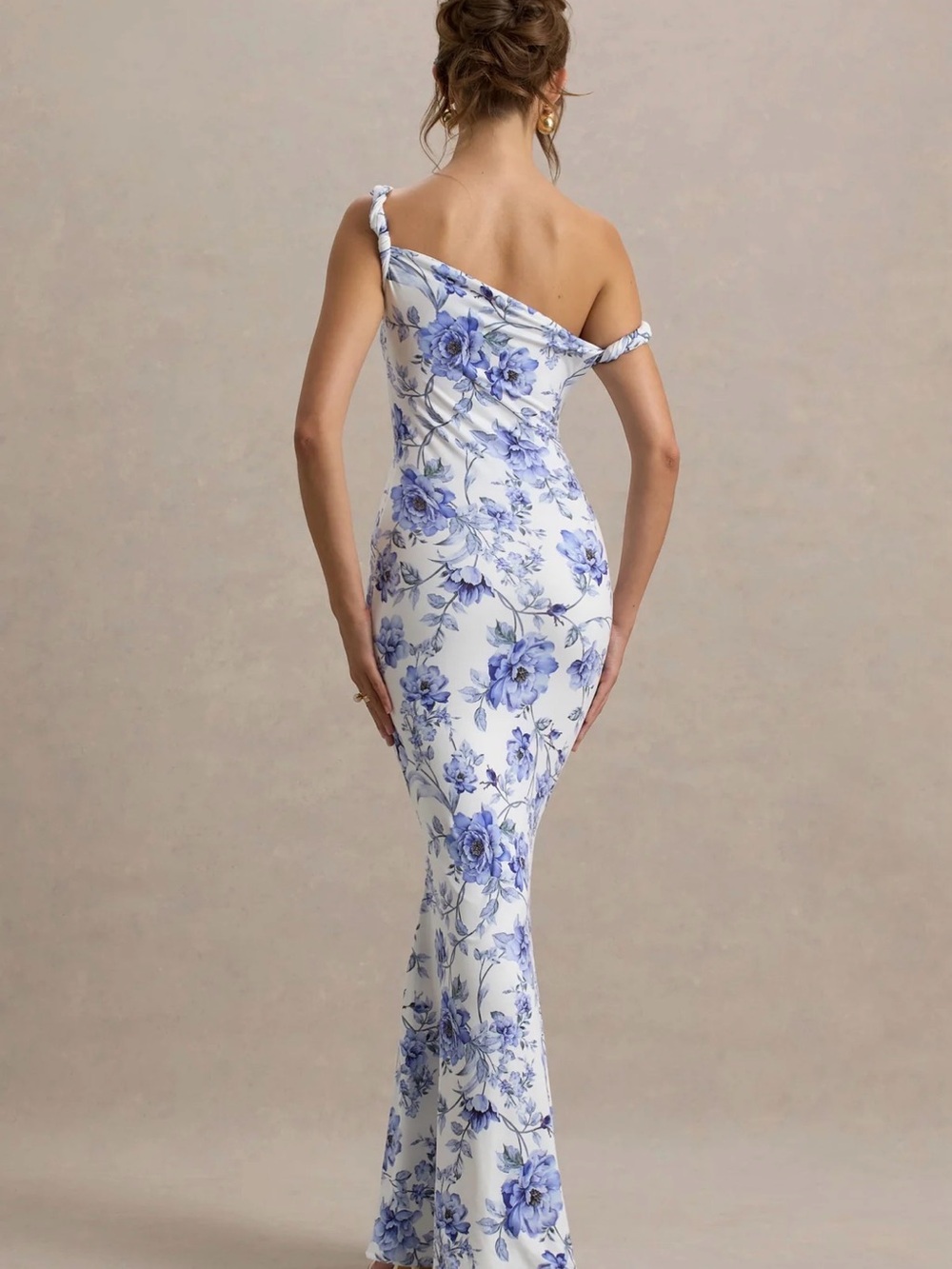 Club L London LITA Blue Floral Twisted Asymmetric Maxi Dress - Picture 2 of 3